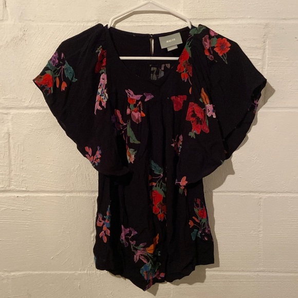 💜Anthropologie Maeve Floral Print Flutter Sleeve Blouse Size XXS - Picture 3 of 9